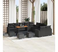 IBUQDDV Set di divani da giardino da 14 pezzi con cuscini in polyrattan e acacia nero, per terrazza, balcone, giardino, resistente alle intemperie e ai raggi UV, con spaziose sedute, durevole