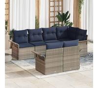 IBUQDDV Set di divani da giardino in polyrattan con cuscini, 7 pezzi, grigio, set di divani da giardino modulari con panca angolare, due posti, quattro braccioli, sette cuscini da seduta e otto