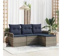 IBUQDDV Set di divani da giardino modulari, grigio, 4 pezzi, con cuscini in polyrattan e poliestere, composto da piazza centrale, due divani con braccioli e sgabello con rivestimenti sfoderabili