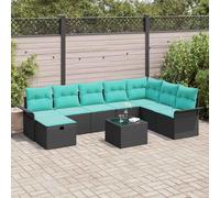 IBUQDDV Set di divani da giardino modulari in polyrattan nero, 9 pezzi, con cuscini, vano portaoggetti sotto le sedute ed elementi regolabili per una disposizione flessibile sulla terrazza o in