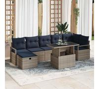 IBUQDDV Set di divani modulari in polyrattan grigio con 7 cuscini, composto da 3 divani centrali, divano angolare, 2 poltrone, poggiapiedi e tavolo da giardino con piano in vetro, gruppo di sedute per