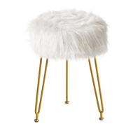 IBUYKE faux fur vanity sgabello sedia, peloso trucco sgabello ottomano, seduta imbottita morbida, sgabelli rotondi poggiapiedi con 4 gambe in metallo, per soggiorno ingresso, bianco LG-32W