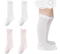 IBXWMNG 2 paia di calze al ginocchio per bambini, morbide e delicate sulla pelle, in cotone per bambini calzini alti al ginocchio per 3 ai 5 anni calzino elasticizzato (bianco + rosa)