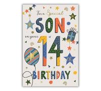 IC&G, Biglietto di auguri per il 14° compleanno del figlio, con vivaci regali, palloncino e stella, finitura laminata, biglietto di auguri per il 14° compleanno per un figlio speciale, per ragazzi