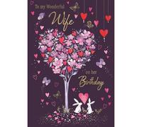 IC&G Biglietto di compleanno per moglie, motivo floreale con cuore albero e conigli, finitura in lamina goffrata, grazioso biglietto di auguri di compleanno per la mia moglie meravigliosa - per lei