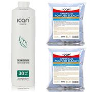 ICAN LONDON Crema perossido professionale, 30 Vol 9%, 1000 ml + Candeggina Rapid Blue in polvere, 2 confezioni da 500 g (1 kg)