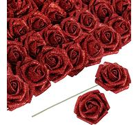 ICBOX Fiori artificiali, 30 rose rosse glitterate con stelo, 6 cm, in schiuma glitterata, per fai da te, bouquet di nozze, feste, decorazioni per la casa (rosso)