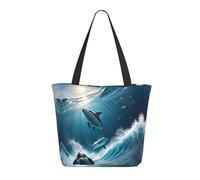 Ice Blue Ocean - Borsa tote da donna, leggera, riutilizzabile, in tela, con cerniera, cinturino da polso, in cotone, per borse della spesa e della spesa