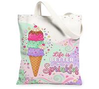 Ice Cream Canvas Tote Bag per le donne, Summer Playful Sprinkles Cone Summer Pastel Peach Lavabile Riutilizzabile Piccola Borsa Tote per, Pesca Pastello, 13x15 Inch