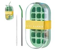 Ice Cube Bottle with Straw, 2-in-1 Water Bottle Ice Cube Tray with Lid and Bin, Easy-Release Portable Flat Body Kettle for Summer or TravelIce