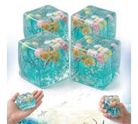 Ice Cube Squishy Stress Balls - Quiet Sensory Fidget with Snowflakes & Marine Shells Inside, Slow Rise Square Squeeze Toy for Adults Focus, 2.1 Inch Gel Cube (4Pcs)
