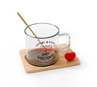 ICE TOYS Set Regalo Tazza in Vetro con Messaggio d'Amore, Cucchiaino Dorato, Base in Legno, Decorazione Cuore Perfetto per San Valentino e Regala a Chi Che Ami (Tazza)