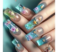 Ice Transparent Clownfish Square Blue Sea French Design Easy Apply Short Oval Glossy Fake Nails per le donne Facile applicazione Premere sull'unghia