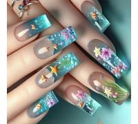 Ice Trasparente Pesce Pagliaccio Piazza Unghie Finte Blu Mare Glitter Design Francese Lungo Premere Su Unghie Per Il Partito di Nozze Evento Partito Usura Lucido Premere