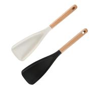 Icefavor Spatula Spoon, Multifunction Spatula Cooking Spoon, Silicone 2-in-1 Kitchen Utensil for Nonstick Cookware with Wooden Handle for Stirring, Scooping & Serving (Black+White)
