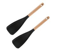 Icefavor Spatula Spoon, Multifunction Spatula Cooking Spoon, Silicone 2-in-1 Kitchen Utensil for Nonstick Cookware with Wooden Handle for Stirring, Scooping & Serving (2pcs Black)