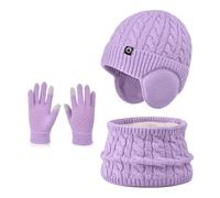 Icegrey 3 Pezzi Bambini Inverno Beanie Cappello Sciarpa Guanti Set, con le Cuffie, Kids Soffice Caldo Scaldacollo Guanto per 4-10 Anni Ragazzi Ragazze, Violetta 2