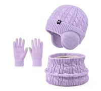 Icegrey 3 Pezzi Bambini Inverno Beanie Cappello Sciarpa Guanti Set, con le Cuffie, Kids Soffice Caldo Scaldacollo Guanto per 4-10 Anni Ragazzi Ragazze, Violetta