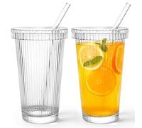Iceten Set di 2 bicchieri in vetro trasparente a coste, da 375 ml, con coperchi e cannucce, bicchieri a costine, bicchieri per frullati, bicchieri da acqua come regalo per genitori, mogli, amici