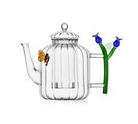 Ichendorf Milano Teiera Ottica, Farfalla e Fiore Blu, Collezione Botanica, 70 cl, Vetro Borosilicato, Fatto a Mano