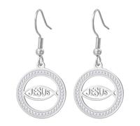 Ichthus - Orecchini con croce di Gesù Cristo Pesce Ichthys, con sigillo di Gerusalemme, amuleto religioso, gioielli cristiani, regalo per battesimo o Pasqua, da donna, Medio, Acciaio inossidabile, Non