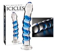 Dildo in Vetro Icicles No. 5 con Spirale Blu Azzurro Trasparente
