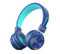 iClever Cuffie Bluetooth per bambini con luci colorate a LED, con limite di volume 94 dB, pieghevoli, regolabili, senza fili e cavi, microfono integrato per PC, tablet, Kindle