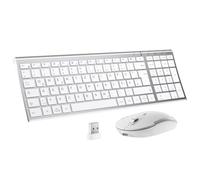 iClever QWERTZ - Set di tastiera e mouse wireless ricaricabile (tedesco), ultra sottile per computer/desktop/PC/laptop/Windows 10/8/7, bianco e argento