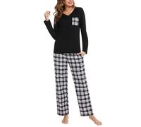 iClosam Pigiama Donna Invernale a Quadri Pigiama Cotone Lungo Pigiami Due Pezzi con Tasche Laterali Comodo Casual per la Casa S-XXL