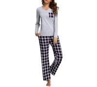 iClosam Pigiama Donna Invernale a Quadri Pigiama Donna in Cotone Lungo Pigiami Due Pezzi da Donna con Tasche Laterali Comodo Casual per la Casa S-XXL