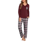 iClosam Pigiama Donna Invernale a Quadri Pigiama Cotone Lungo Pigiami Due Pezzi con Tasche Laterali Comodo Casual per la Casa S-XXL