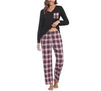 iClosam Pigiama Donna Invernale a Quadri Pigiama Cotone Lungo Pigiami Due Pezzi con Tasche Laterali Comodo Casual per la Casa S-XXL
