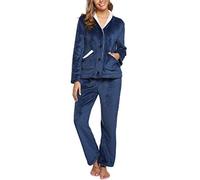 iClosam Pigiama Donna Invernale Flanella Pigiama Felpato Donna Caldo Pigiama Donna Lungo con Scollo a V Pigiami Due Pezzi da Donna Lungo con Bottoni Morbido e Confortevole S-XXL