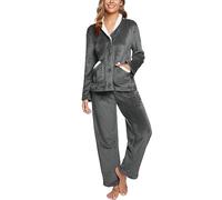iClosam Pigiama Donna Invernale Flanella Pigiama Felpato Donna Caldo Pigiama Donna Lungo con Scollo a V Pigiami Due Pezzi da Donna Lungo con Bottoni Morbido e Confortevole S-XXL