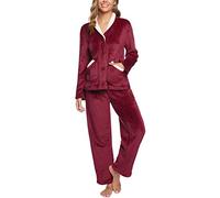 iClosam Pigiama Donna Invernale Flanella Pigiama Felpato Donna Caldo Pigiama Donna Lungo con Scollo a V Pigiami Due Pezzi da Donna Lungo con Bottoni Morbido e Confortevole S-XXL
