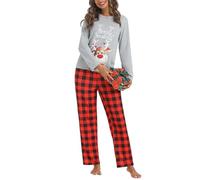 iClosam Pigiama Natalizio Donna Invernale a Quadri Due Pezzi Pigiami Natalizi in Cotone Lungo con Tasche Laterali Regalo di Natale S-XXL