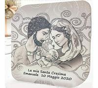 Icona con Sacra Famiglia e glitter argento su tela in ecopelle, personalizzabile acquistando minimo 10 pezzi, bomboniere comunione, con scatola regalo inclusa (12 x 12 cm-senza confezionamento)