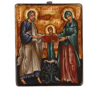 Icona Dipinta San Gioachino con Maria e Sant'Anna Rumena antichizzata 22x18 cm