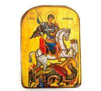 Icona in legno greco San Giorgio cavalca il suo cavallo e sconfigge la bestia (Orthodox Christian Wood / MP2)