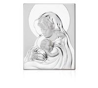 Icona Sacra in Argento, Madonna con Bambino, Cornice Decorativa, 27x34 cm
