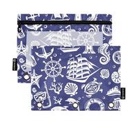 Icone bianche estive del mare, blu navy, borse grandi con cerniera per matite con finestra trasparente con cerniera, tasche grandi e resistenti, 3 fori per riporre