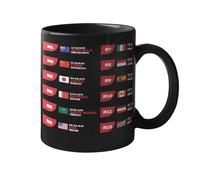 Iconic Coasters Tazza da caffè con calendario delle gare di Formula 1 2025, in ceramica nera, design del programma del circuito internazionale