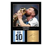 Icons Wall Art - Espositore fotografico stampato in formato A4 della Coppa del Mondo di Lionel Messi, firma riprodotta in digitale, regalo per tifosi di calcio/calcio, senza cornice, poster