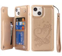 iCoverCase Compatibile con iPhone 14 Plus Custodia a portafoglio con slot per carte di credito e cinturino da polso [blocco RFID] Cavalletto in pelle goffrata Custodia antiurto 6,7 pollici (cuore oro)