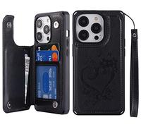 iCoverCase Compatibile con iPhone 14 Pro Custodia a portafoglio con slot per carte di credito e cinturino da polso [blocco RFID] Cavalletto in pelle goffrata Custodia antiurto 6,1 pollici (cuore nero)