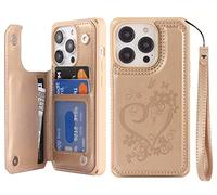 iCoverCase Compatibile con iPhone 14 Pro Custodia a portafoglio con slot per carte di credito e cinturino da polso [blocco RFID] Cavalletto in pelle goffrata Custodia antiurto 6,1 pollici (cuore oro)