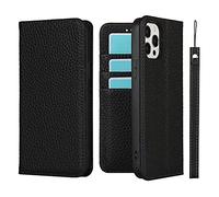 iCoverCase - Custodia a portafoglio compatibile con iPhone 13 Pro Max con porta carte di credito, blocco RFID, in vera pelle, con funzione cavalletto magnetica, colore: nero