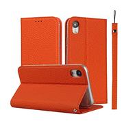 iCoverCase Custodia a portafoglio in vera pelle per iPhone XR, con cinturino da polso e scomparti per carte di credito, chiusura magnetica, funzione cavalletto, per iPhone XR (arancione)