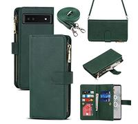 iCoverCase Custodia a portafoglio per Google Pixel 6a con supporto per carte, funzione cavalletto, custodia in pelle PU con tracolla regolabile, chiusura magnetica con cerniera e tasca flip (verde)