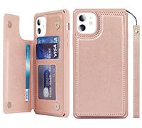 iCoverCase - Custodia a portafoglio per iPhone 11, con supporto per carte di credito, blocco RFID, in pelle PU, con cavalletto magnetico, antiurto, con cinturino da polso, per uomo e donna (oro rosa)